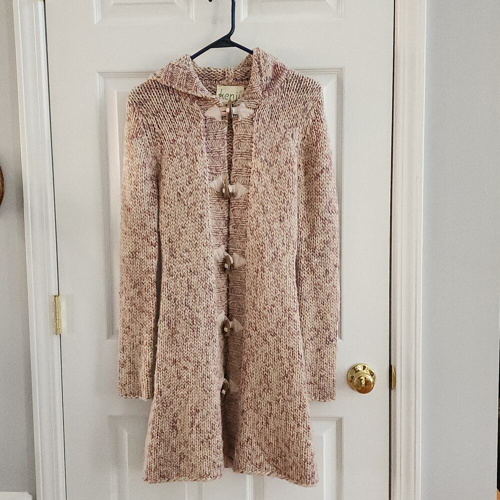 Kenji Hooded Toggle Wool Blend Sweater Coat Cozy Longline Knit Sz Sm